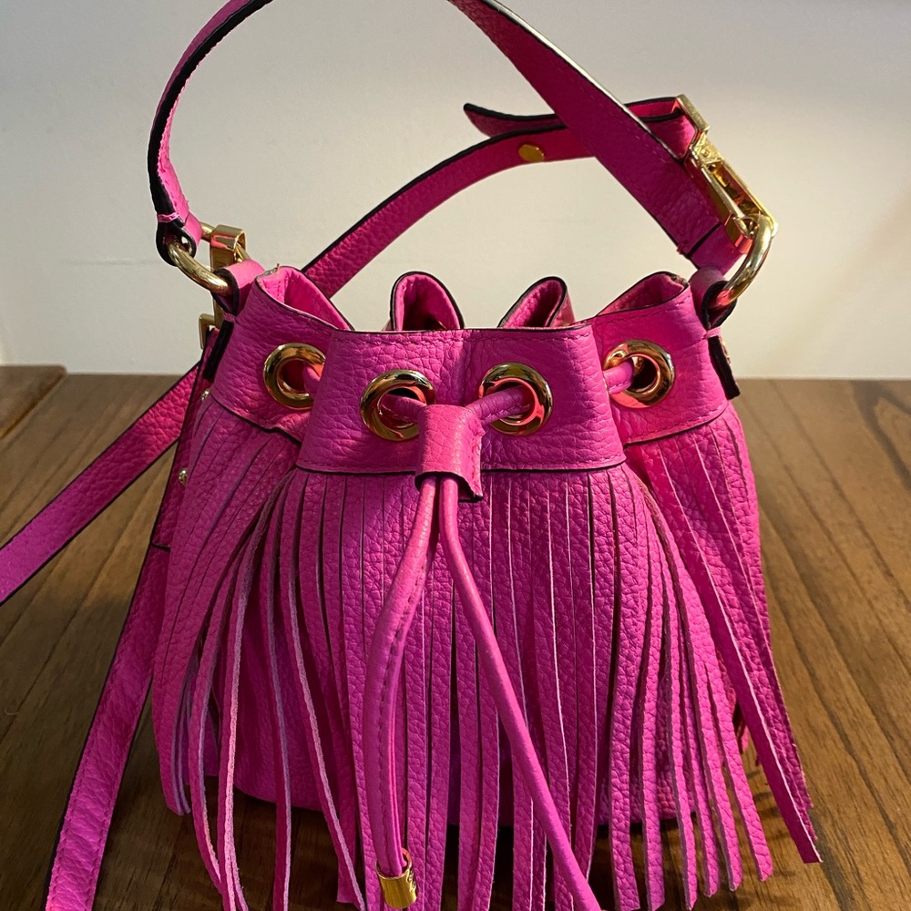 MILLY Essex Mini Leather Cross Body Bucket Bag - Rare Fringe in Hot Pink